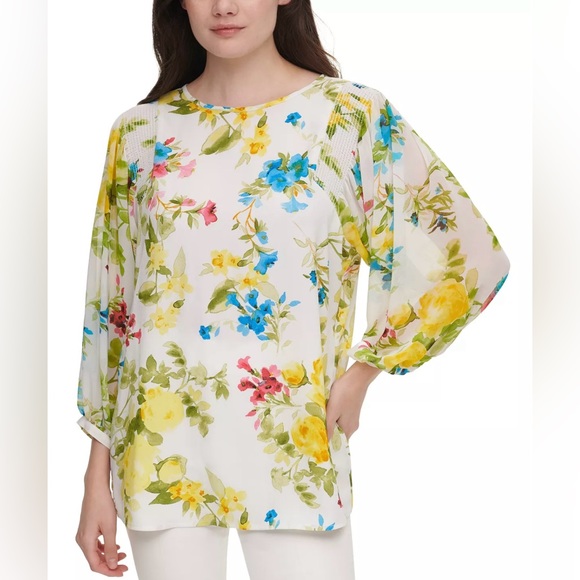 Calvin Klein White Floral Print Blouse 3/4 Sleeves w/ Button Cuffs Plus Size‎ 1X - Picture 1 of 11